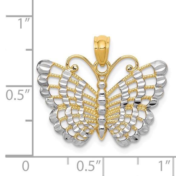 14k Yellow Genuine Gold and Rhodium Diamond-cut Butterfly Necklace Charm Pendant